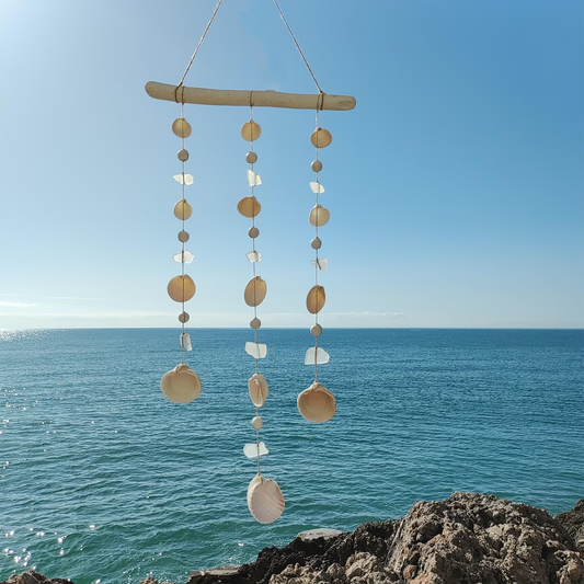 Windspiel aus Treibholz, Muscheln und Seeglas